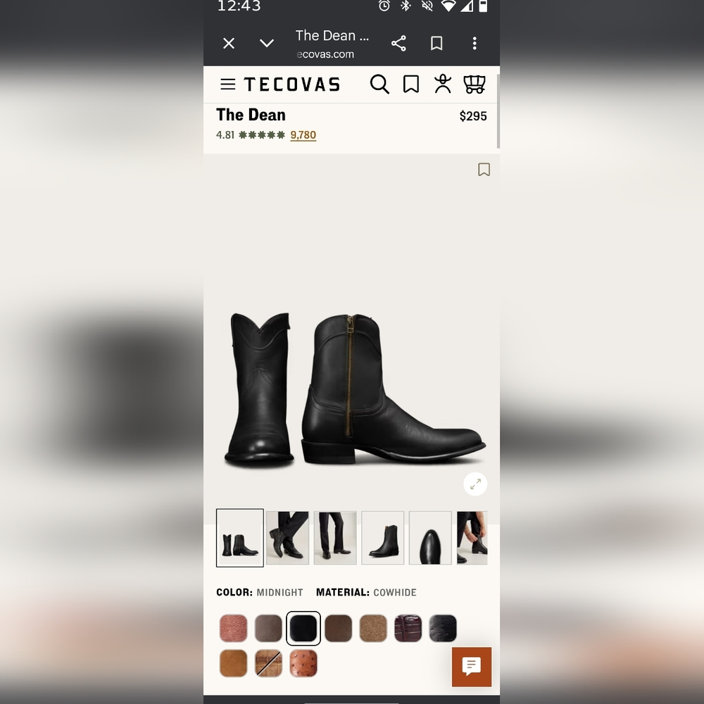 Tecovas Midnight Black Cowhide Side-Zip Western Boots